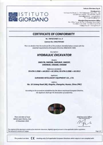 Certificat CE pour la pelle hydraulique