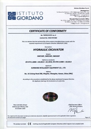 Certificat CE pour la pelle hydraulique