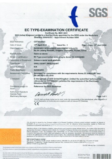 Certificat CE pour la nacelle élévatrice à ciseaux 
